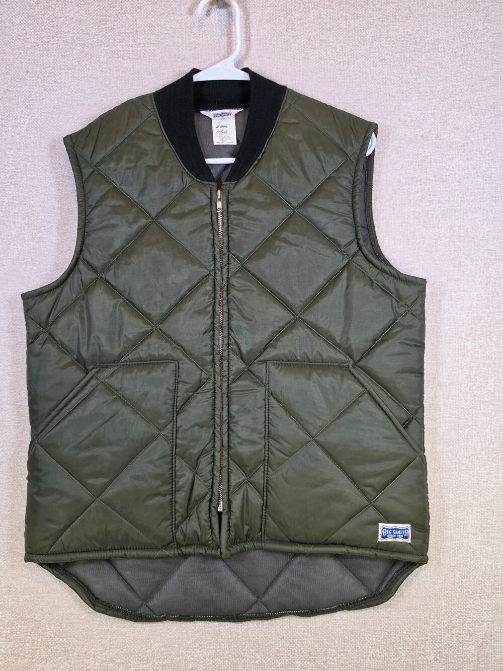Vintage Big Smith Quilted Puffer Vest Olive Green Made in USA Men Medium/Large